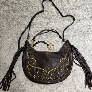 Michael Kors Rhea Studded Fringe Crossbody – Brown Leather